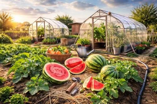Mature melony na zahradě s skleníky v pozadí.