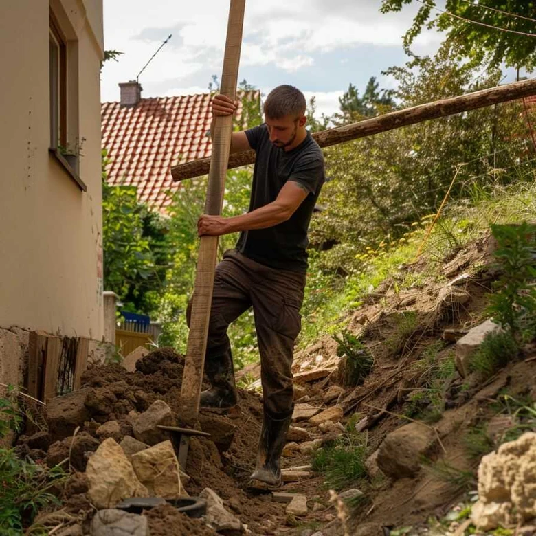 Muž zpevňuje svah dřevěnými trámy u domu.