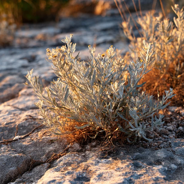 Stříbrný helichrysum italicum rostoucí mezi kameny na slunci.