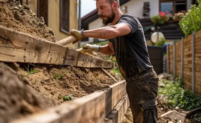 Muž zpevňuje svah dřevěnými nosníky pro stabilizaci půdy.
