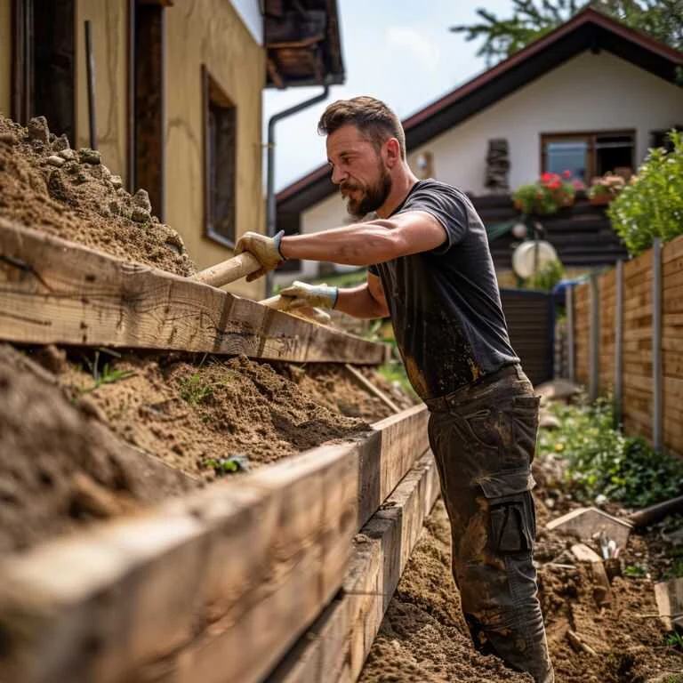 Muž zpevňuje svah dřevěnými nosníky pro stabilizaci půdy.