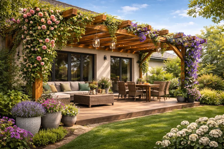 Dřevěná pergola s pohovkou na zahradním terase u domu.