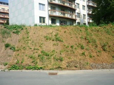 Zpevněný svah s rostlinami a ochrannou síťovinou před domem.